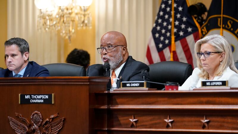 Chairman Bennie Thompson, D-Miss., center, speaks as the House select committee investigating...