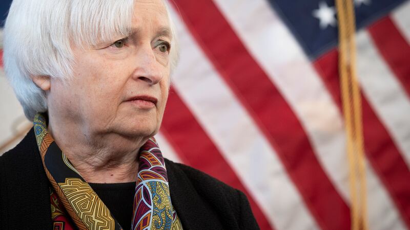 Treasury Secretary Janet Yellen speaks with reporters during a visit to the Virginia...