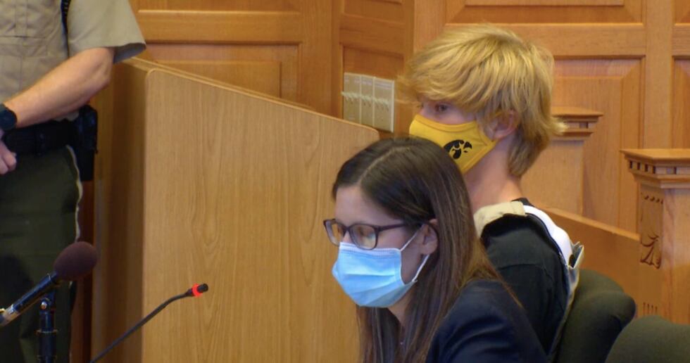 Jeremy Goodale, 16, of Fairfield, appears in court with his attorney, Nicole Jensen, for a...