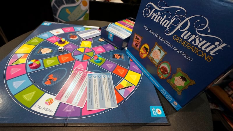 A "Trivial Pursuit Generations" game is displayed at the 2023 Toy Fair, in New York's Javits...